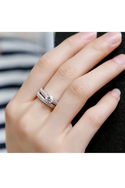 Choice طقم خواتم زفاف من الفولاذ العتيق باللون الفضي، مقاس 8 - مجوهرات هالو للزفاف، هدية ذكرى سنوية للنساء