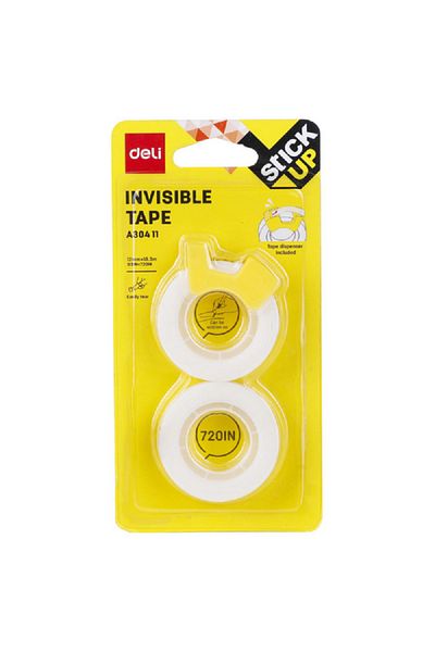 Deli Stationery Invisible Tape with Dispenser Clear and Yellow 12mm x 18.3m