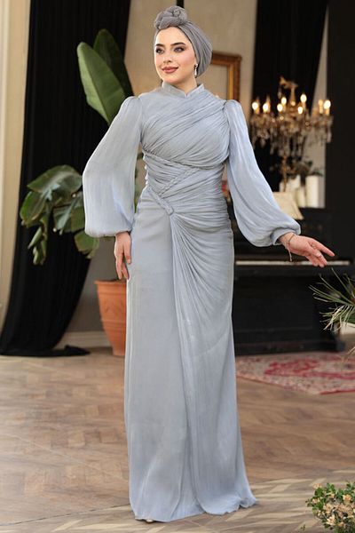 N.S NEVA STYLE Βραδινό φόρεμα Draped Grey Hijab 50781GR