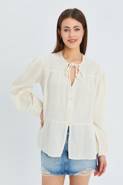 Mixray 4563 Model - Natural Color Women's Muslin Shirt with Tie-Up Neckline and Elastic Sleeves