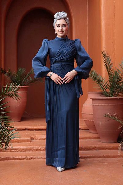 N.S NEVA STYLE Βραδινό φόρεμα Hijab Navy Blue με λεπτομέρεια ντραπέ 52285L