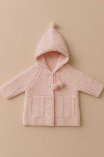 Cevval Textured Pattern Hooded Pompom Double Layer Knitted Baby Cardigan