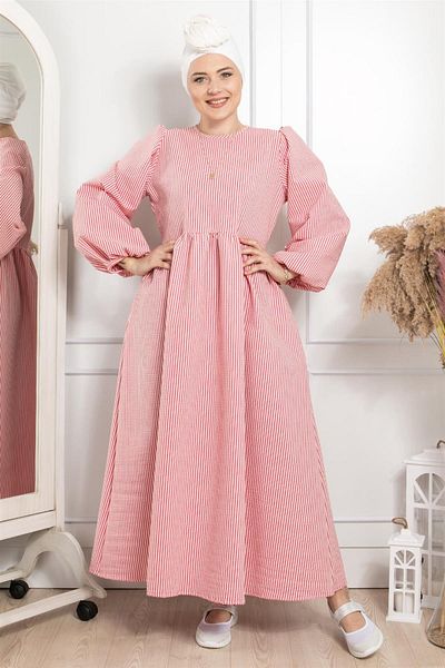 Modaviki Balloon Sleeve Striped Dress Red Eth01