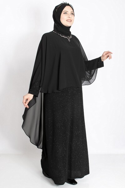 Modaviki Kolye Detaylı Pelerinli Simli Abiye Siyah MDA2212