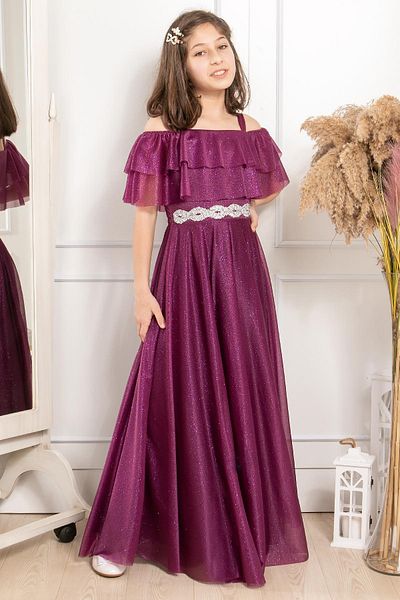 Modaviki Ruffle Detailed Glitter Tulle Children's Evening Dress Plum Mdv314