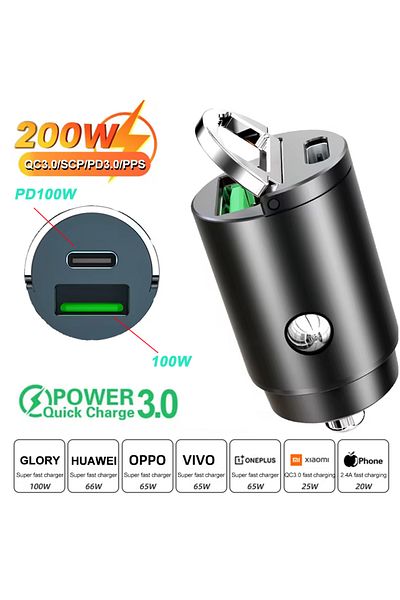 Choice 200w Pd Qc Car 100-200w Dual Port Mini Usb Charger Ultra Fast Charging Cigarette Lighter Socket 12-2