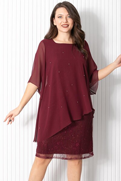 Fahima Pearl Chiffon Evening Dress Burgundy FHM908