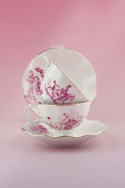 Bursa Porselen Dekor Royal Pink Gold Gilded Coffee Cup Set for 2 People