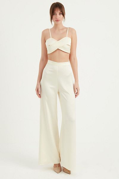 Fahima Wide Leg Satin Trousers Off White 3015