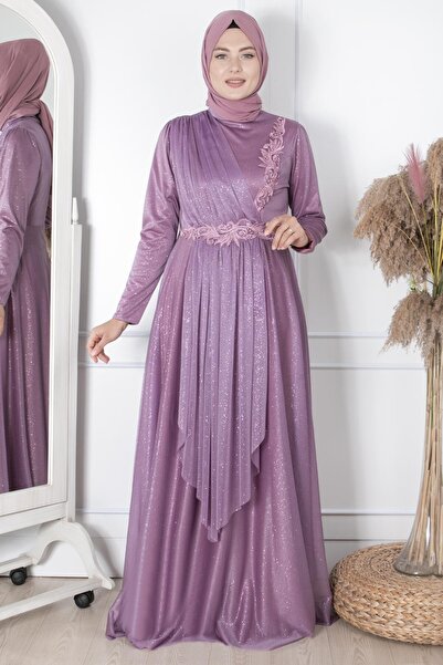 Fahima Güpür Detaylı Simli Abiye Lila FHM862