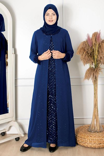 Fahima Sequin Detailed Evening Dress with Cape Navy Blue Fhm854