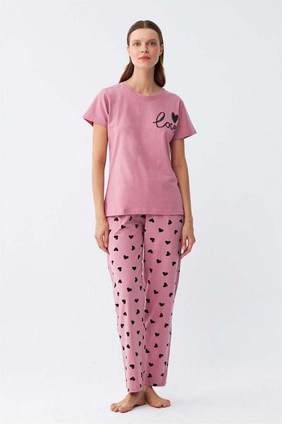 modaserdem Mdsrdm Women's Salmon Heart Pattern Short Sleeve Combed Cotton Pajamas Set