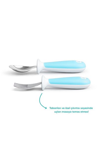 Munchkin Splash Blocking Children's Fork & Spoon Set, 12 months 2 Pieces Blue Including Spoon & Fork