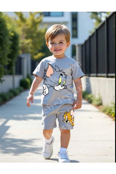 bebekpare Boy's T-Shirt Shorts Set Beige Cat and Mouse