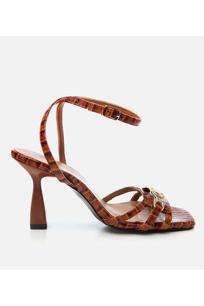 Hotiç Sandale cu toc din piele maronie cu model crocodil