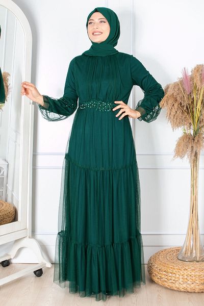 Fahima Βραδινό φόρεμα από τούλι με βολάν Guipure Embroidered Emerald Fhm864