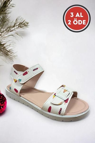 Ponchiq White Ice Cream Patterned Velcro Girls' Sandals