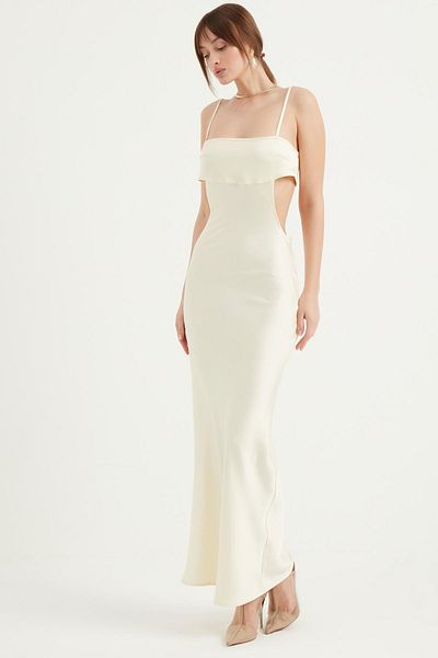 Fahima Μακρύ σατέν φόρεμα με σπαστές τιράντες Off White 5063