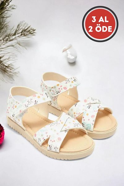 Ponchiq Velcro Ecru Printed Girl's Sandals