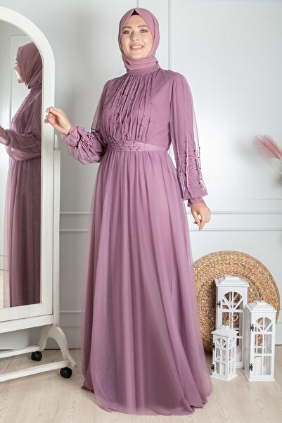 Fahima Rochie de seara Lavin İnci T cu pietre aplicate din tul liliac FHM846