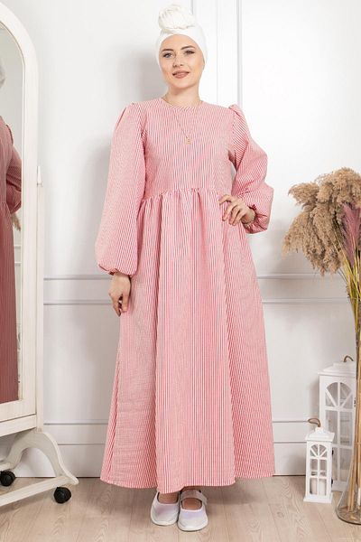 Modaviki Balloon Sleeve Striped Dress Red Eth01