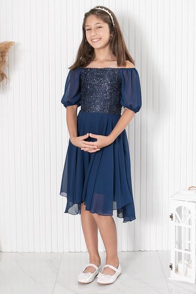 Modaviki Balloon Sleeve Detailed Chiffon Evening Dress Navy Blue Mdv332