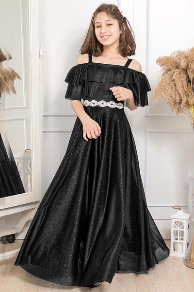Modaviki Frill Detailed Glittery Tulle Children's Evening Dress Black Mdv314