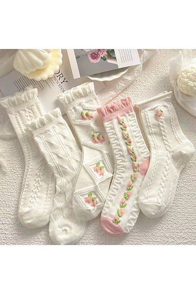 Choice One Size A 5 Pairs Of Cute Harajuku Lolita White Women's Socks Set Spring And Summer Lace Cotton So