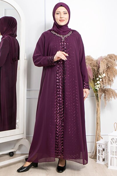 Modaviki Βραδινό φόρεμα με πέτρα και παγιέτες Plum MDA2307