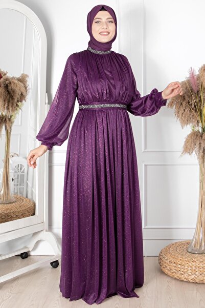 Fahima Stone Embroidered Glitter Tulle Evening Dress Purple Fhm858