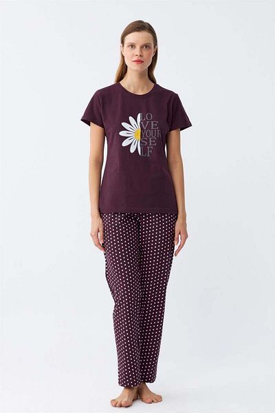 modaserdem Mdsrdm Women's Plum Daisy Printed Short Sleeve Combed Cotton Pajamas Set