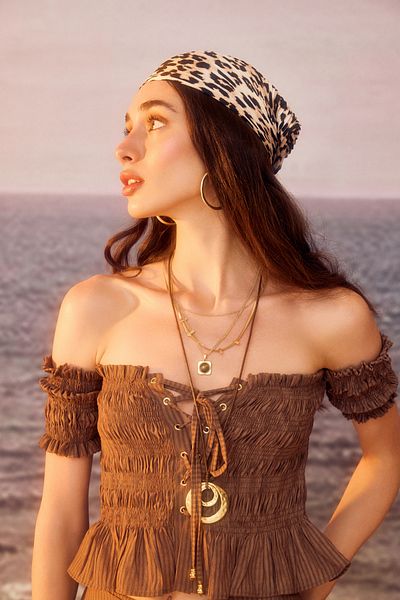 Quzu Bird Eye Tie Off Shoulder Blouse Brown