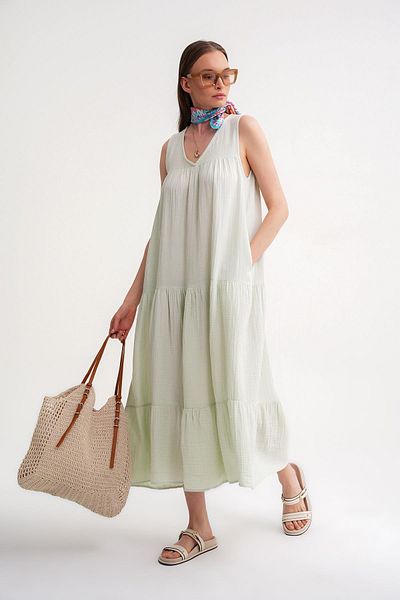 Mixray 4673 Rochie de damă cu detaliu de muselină, salvie