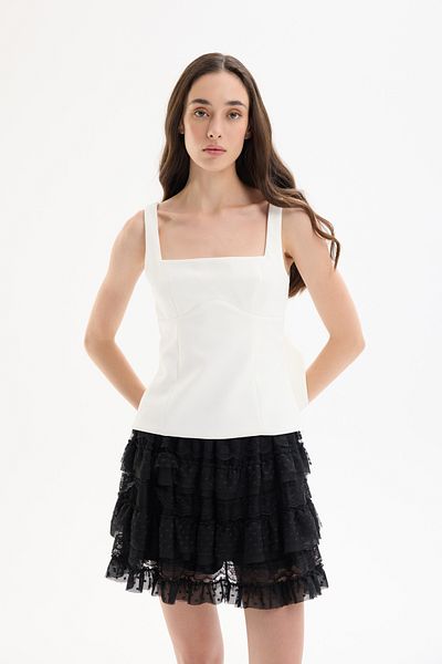 Quzu Square Neck Strap Blouse with Ribbon Detail on the Back Ecru