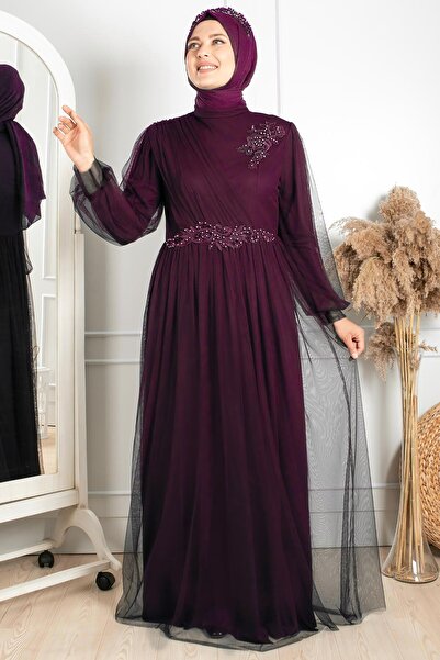 Fahima Güpürlü Tül Abiye Mürdüm FHM844