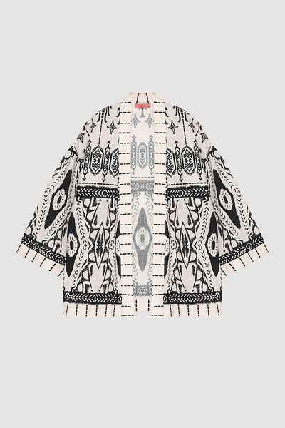 Quzu Bohemian Patterned Shawl Collar Short Kimono Ecru