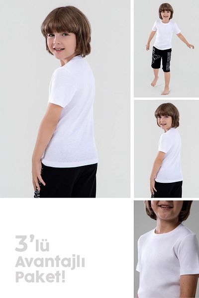 BAYKAR Tricou de flanel pentru băiat, bumbac, cu decolteu, pachet de 3 alb