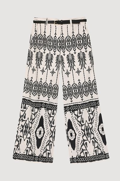 Quzu Ethnic Patterned Wide Leg Trousers with Belt Accessories Ecru