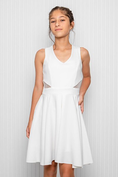 Modaviki Βραδινό φόρεμα κρεπ εκρού - Κοριτσίστικο με λαιμόκοψη MDV352