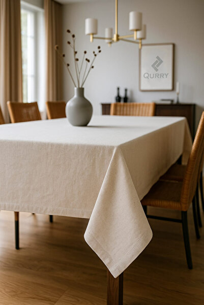 QURRY Pamuklu Organik Ham Keten Masa Örtüsü, Lüks Tasarım, Şık Görünüm