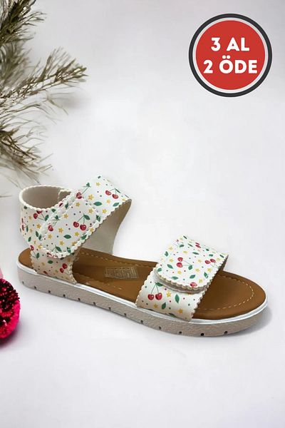 Ponchiq White Cherry Patterned Velcro Girls' Sandals