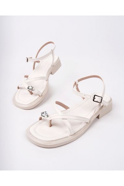 MARSHETTA Solea Model Toe Top Solitaire Buckle Detailed Daily White Women's Sandals