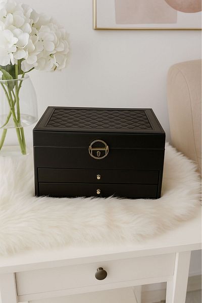Ecrou 2 Drawer Leather Look Locking Jewelry Box Black