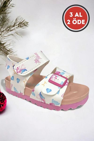 Ponchiq White Patterned Velcro Girls' Sandals