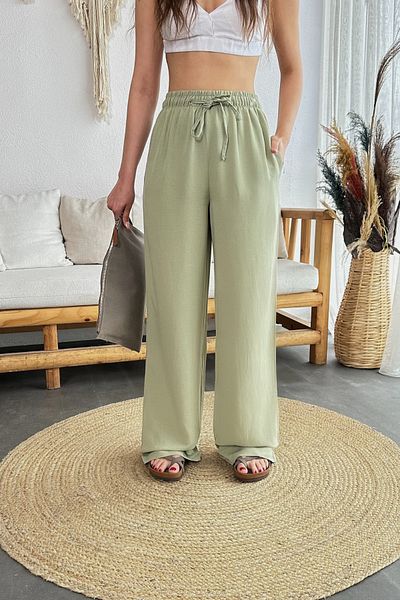 BİKELİFE Linen Women's Summer Trousers - Elastic Waist, Pockets, Wide Cut