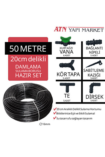 ATN 50 Metre 20cm Delikli Damlama Sulama Borusu Hortumu Seti – 16mm Bahçe Sul...