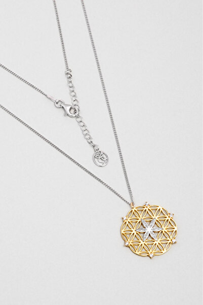 So CHIC... Yaşam Çiçeği 18 Ayar Sarı ve Beyaz Altın Kaplama 44 Cm Gümüş Kolye