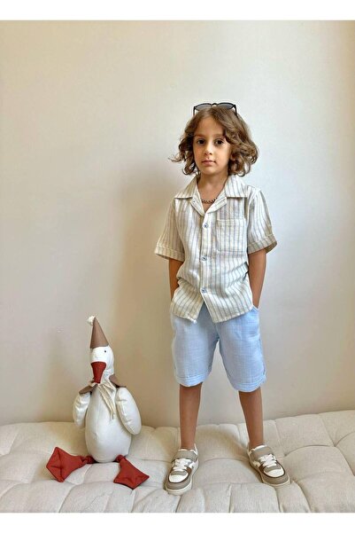 MİO Costum de cămașă din bumbac pentru băiat, vară, croială casual, albastru