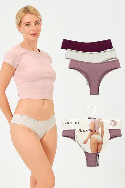 ZICCHO 3 Pack Ribbed Cotton Fabric Brazilian Panties Set