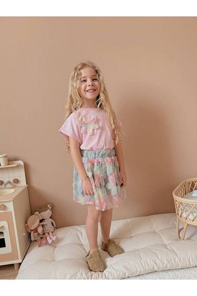 MİO Girl's Floral Skirt Blouse Set Pink